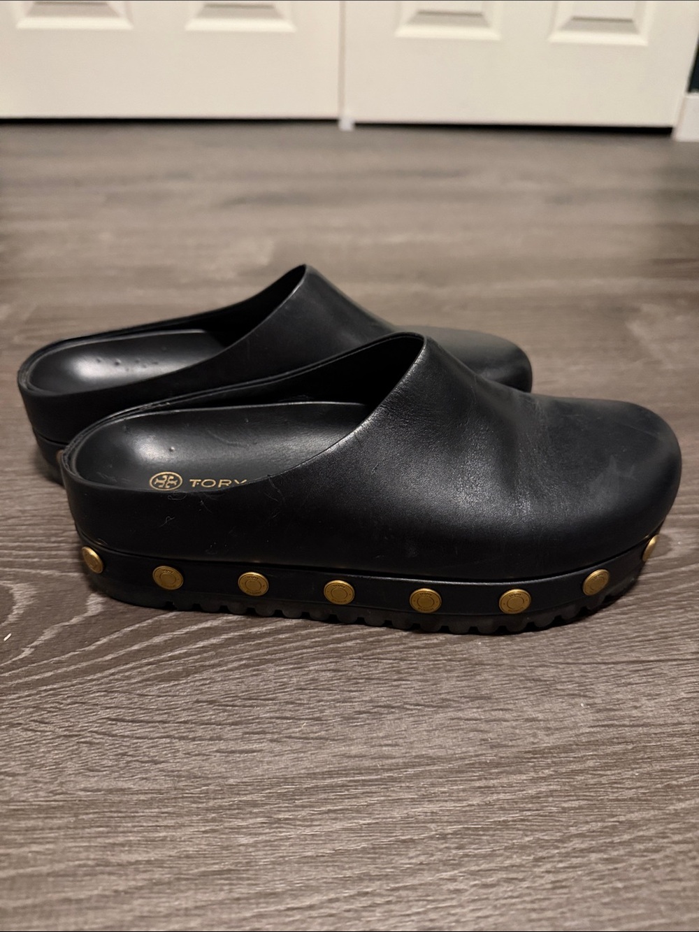 Tory Burch Black Leather Slip-On Mules with Gold Accents - Picture 4 of 8